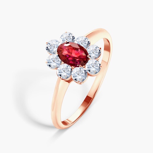 Pierścionek zaręczynowy SAVICKI: różowe złoto, rubin, białe szafiry